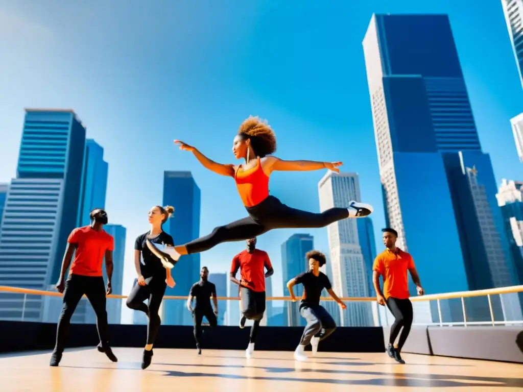 Grupo de bailarines apasionados ensayando en el escenario, saltando con energía y emoción