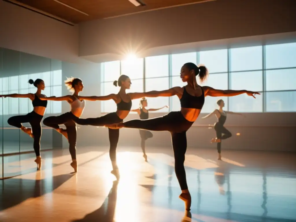 Apasionados bailarines expresan intensidad y alegría en estudio soleado Grupo de bailarines apasionados practicando en estudio lleno de luz, con movimientos expresivos y atmósfera emocionante