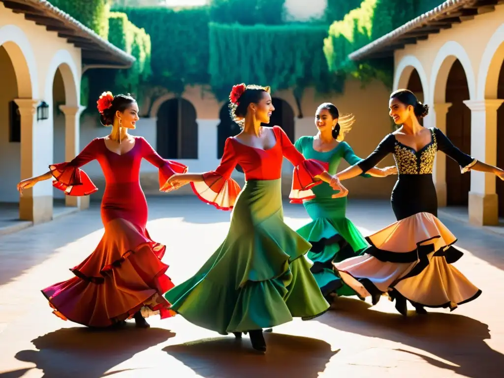 Grupo de bailarines apasionados practicando flamenco en un patio andaluz, capturando la esencia de los retiros de danza en Andalucía