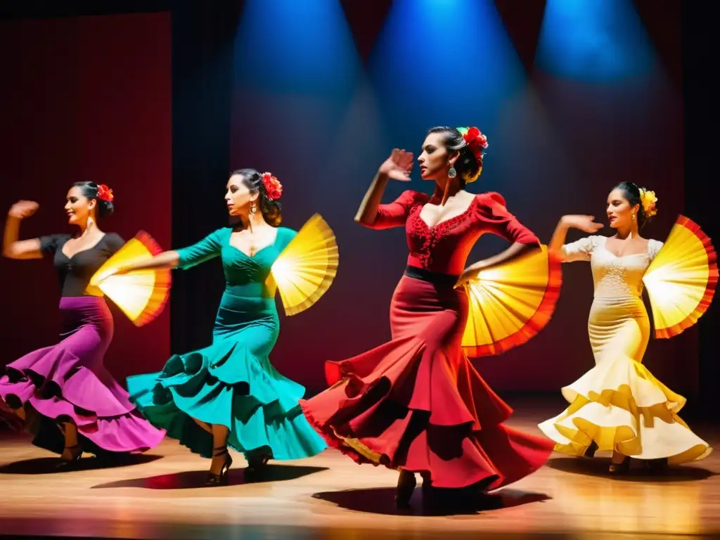 Grupo de bailarines apasionados de flamenco en vibrante actuación en el Festival Internacional de Baile Flamenco