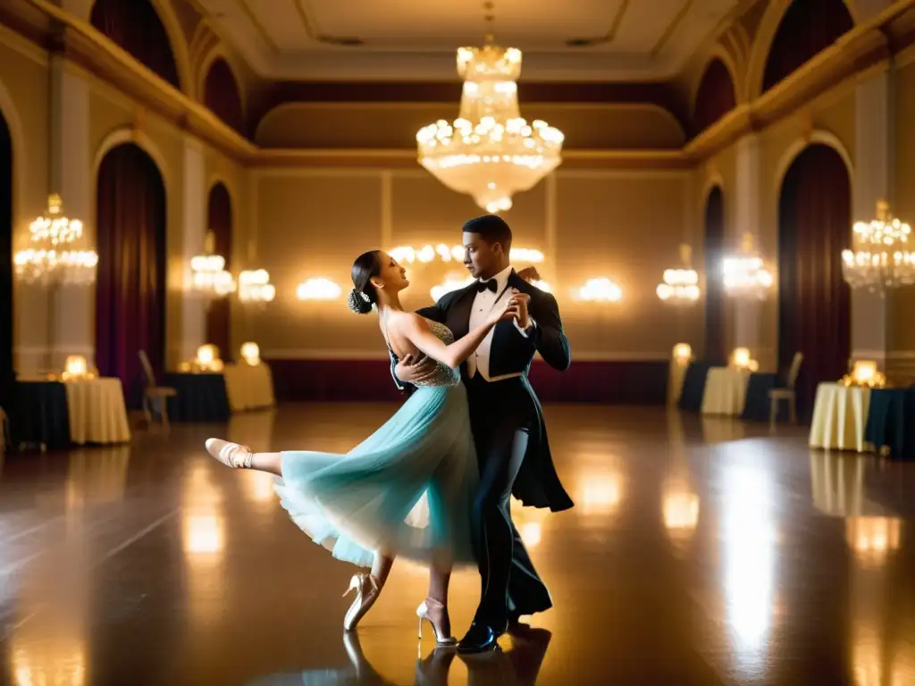 Grupo de bailarines apasionados practican movimientos elegantes en un lujoso salón adornado con candelabros brillantes