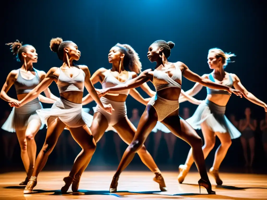 Grupo de bailarines apasionados en pleno movimiento en el escenario, mostrando la frecuencia cardíaca ideal para bailarines