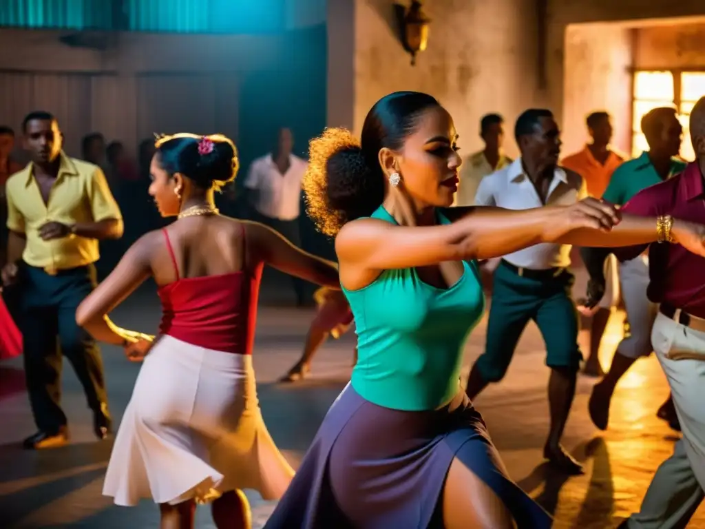 Grupo de bailarines apasionados expresan el significado emocional de la Rumba cubana en un animado salón de baile en La Habana, Cuba