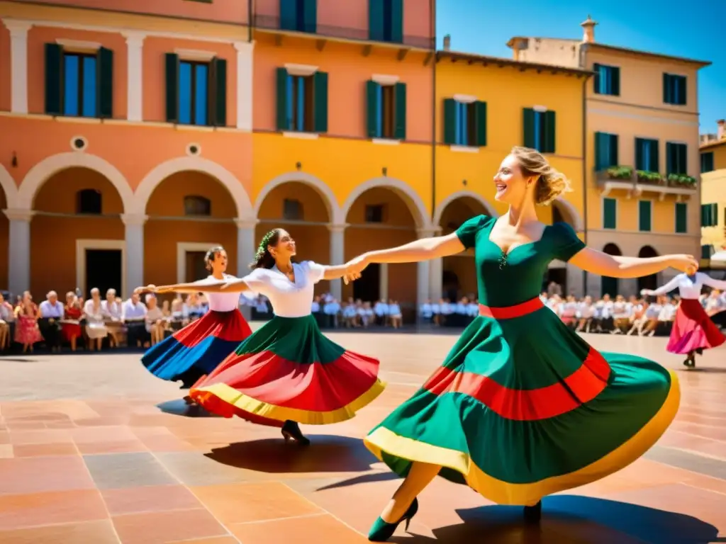 Un grupo de bailarines apasionados ejecuta la tarantela italiana en una animada plaza