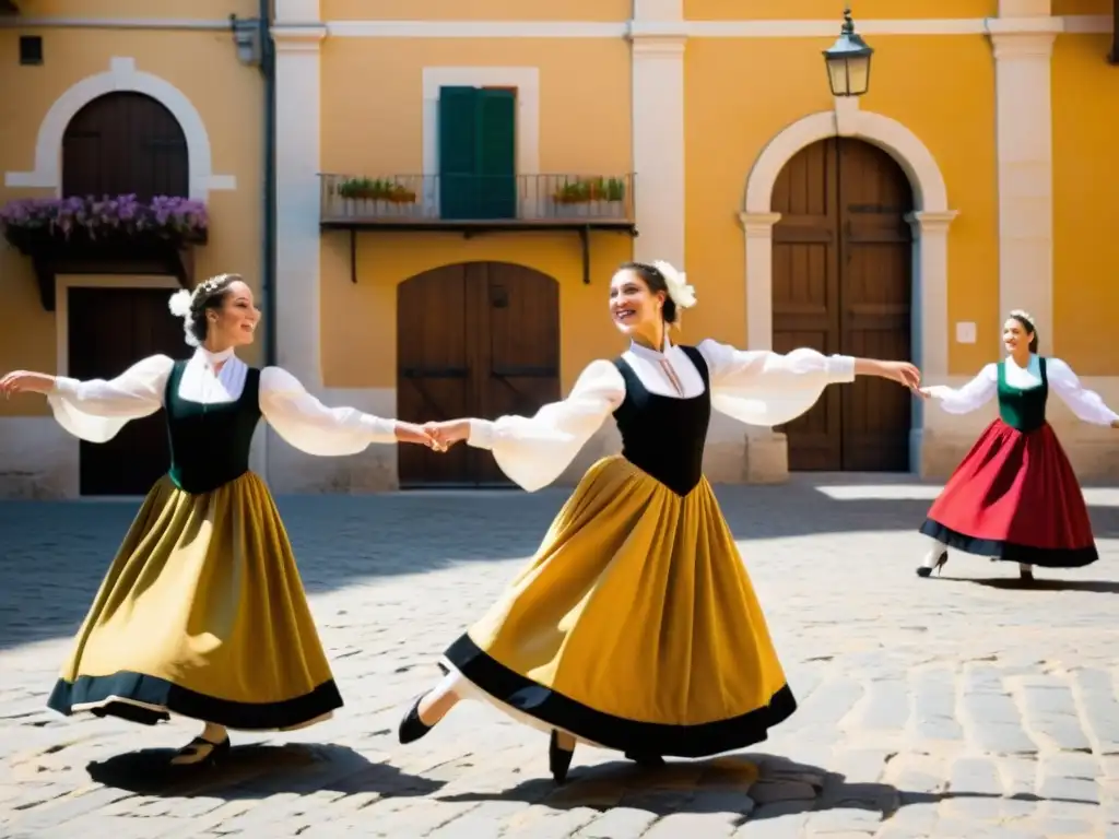 Grupo de bailarines apasionados ejecutan la tarantela italiana con gracia y colorido en una plaza histórica