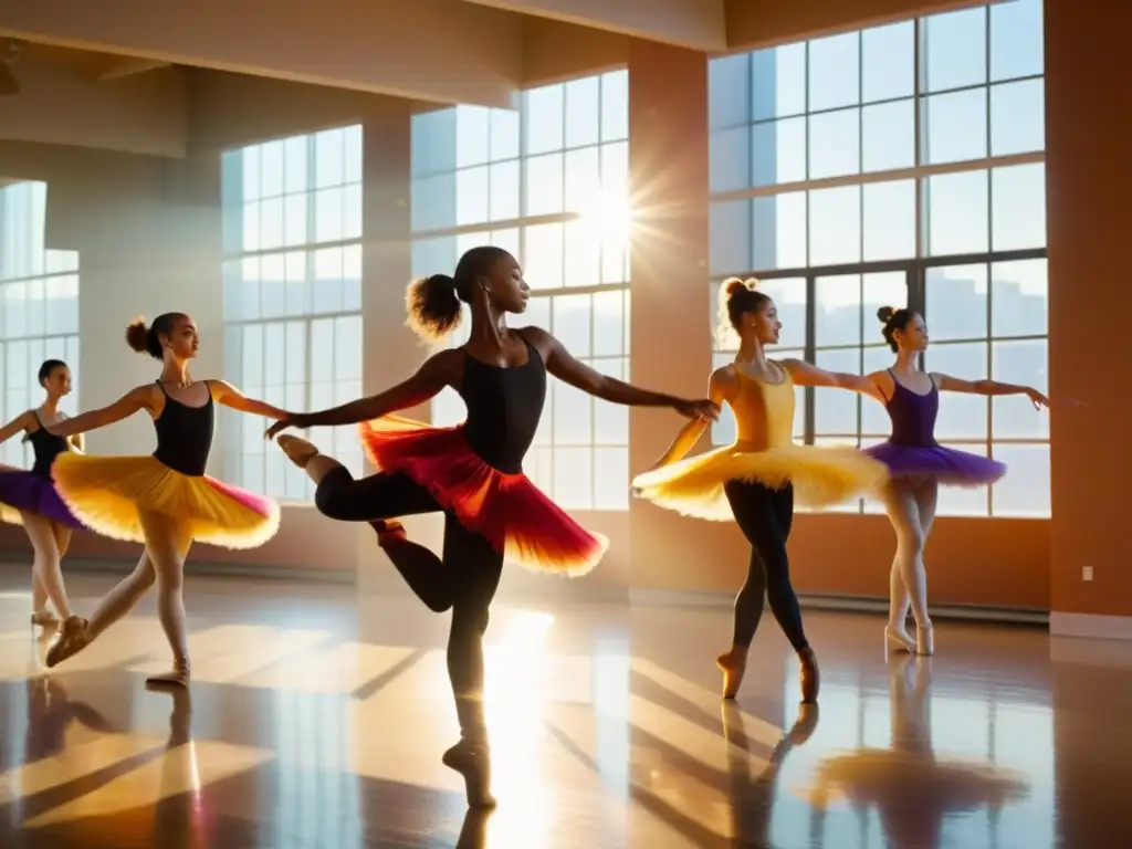 Un grupo de bailarines apasionados en trajes vibrantes en un estudio de danza soleado, reflejando la pasión y energía de los paquetes VIP para aficionados a la danza