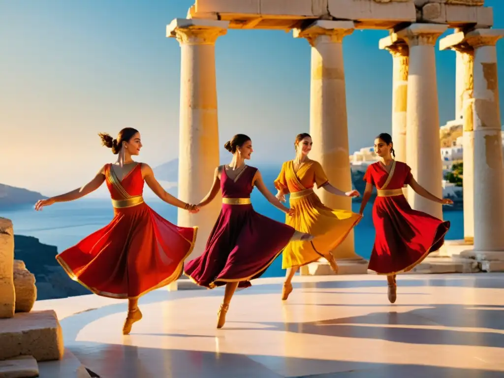 Grupo de bailarines apasionados en trajes griegos tradicionales, bailando con gracia y fuerza en ruinas antiguas al sol