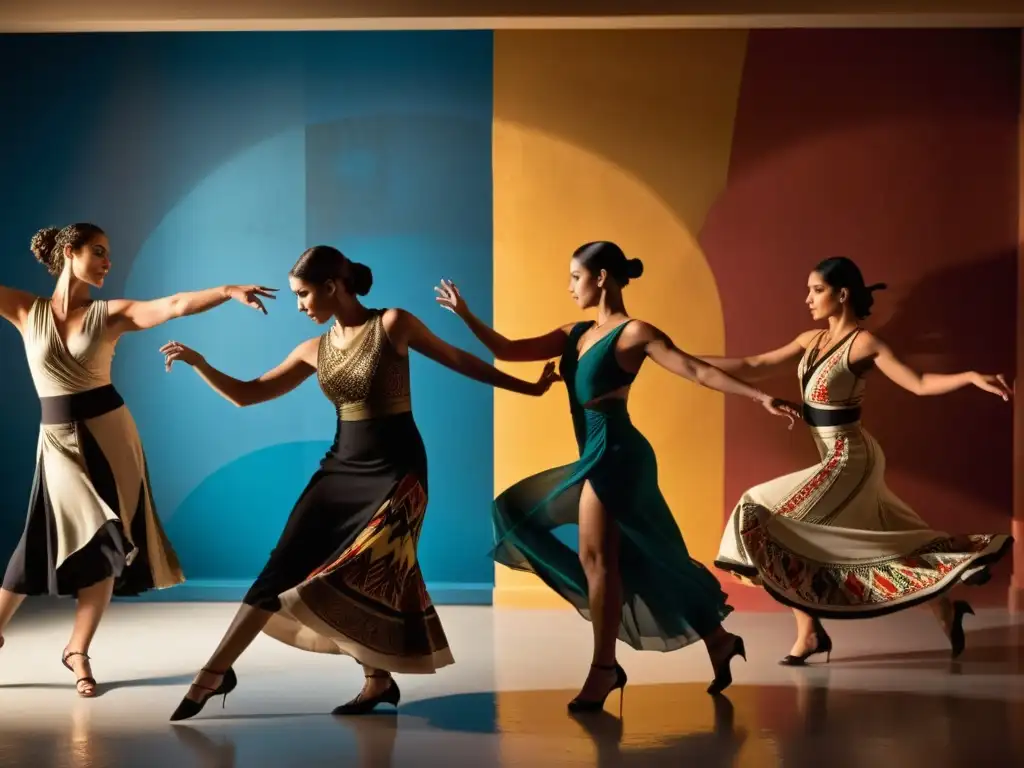 Grupo de bailarines apasionados en trajes griegos tradicionales, expresando el Tango Griego con gracia en un ambiente pintoresco y emotivo