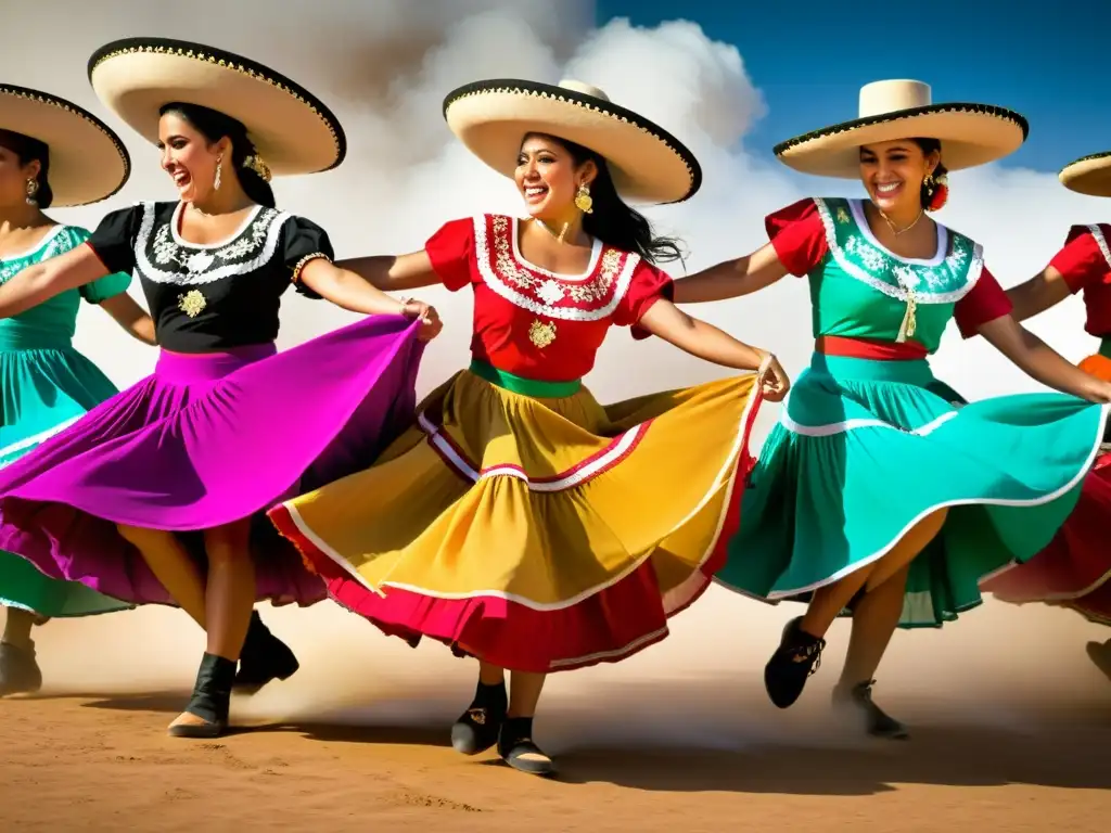 Grupo de bailarines apasionados ejecutando el zapateado folklórico mexicano, con colores vibrantes y nubes de polvo, transmitiendo alegría y tradición