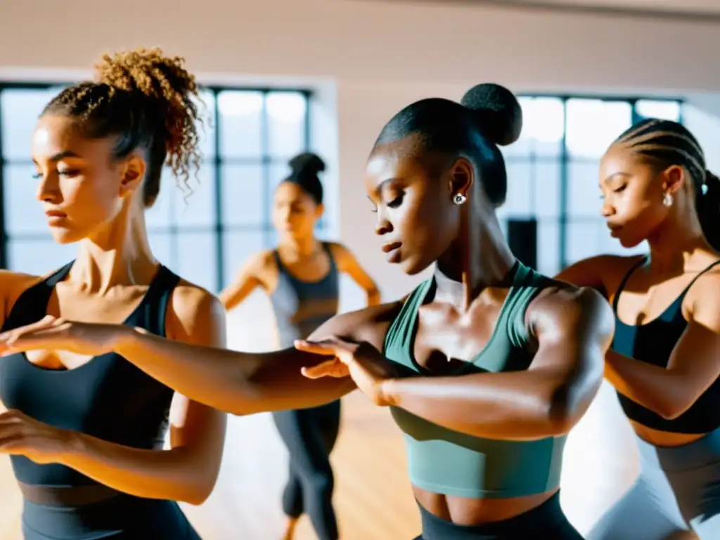 Grupo de bailarines usando una aplicación tecnológica para mejorar su entrenamiento, se observa su dedicación y pasión en el estudio de danza