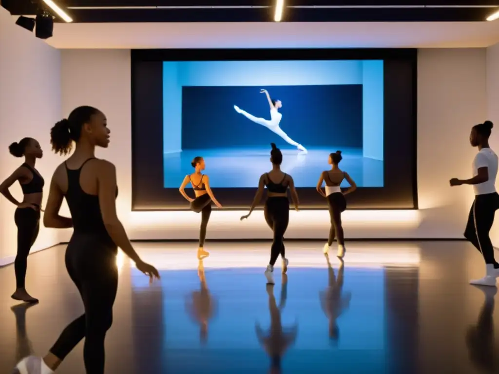 Un grupo de bailarines practica con una app de enseñanza de danza en un estudio, fusionando la tradición con la tecnología