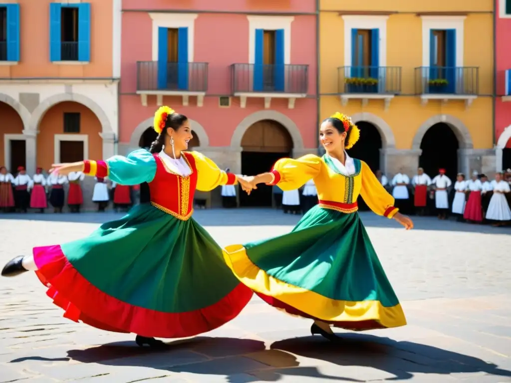 Grupo de bailarines aragoneses en trajes coloridos ejecutan la enérgica danza Jota en la plaza