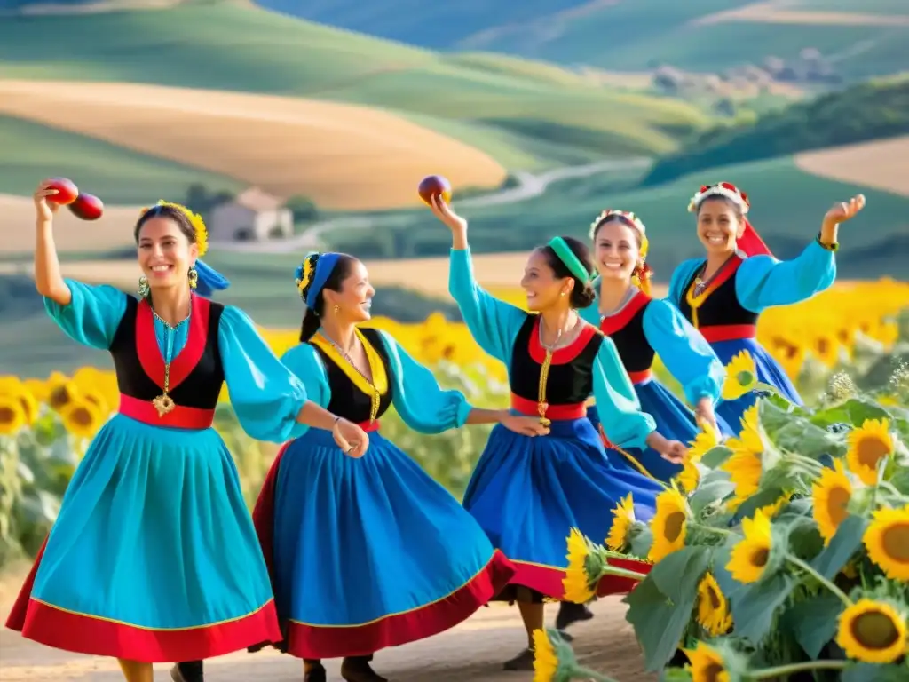 Grupo de bailarines aragoneses en trajes coloridos realizando la jota aragonesa en un paisaje rural pintoresco