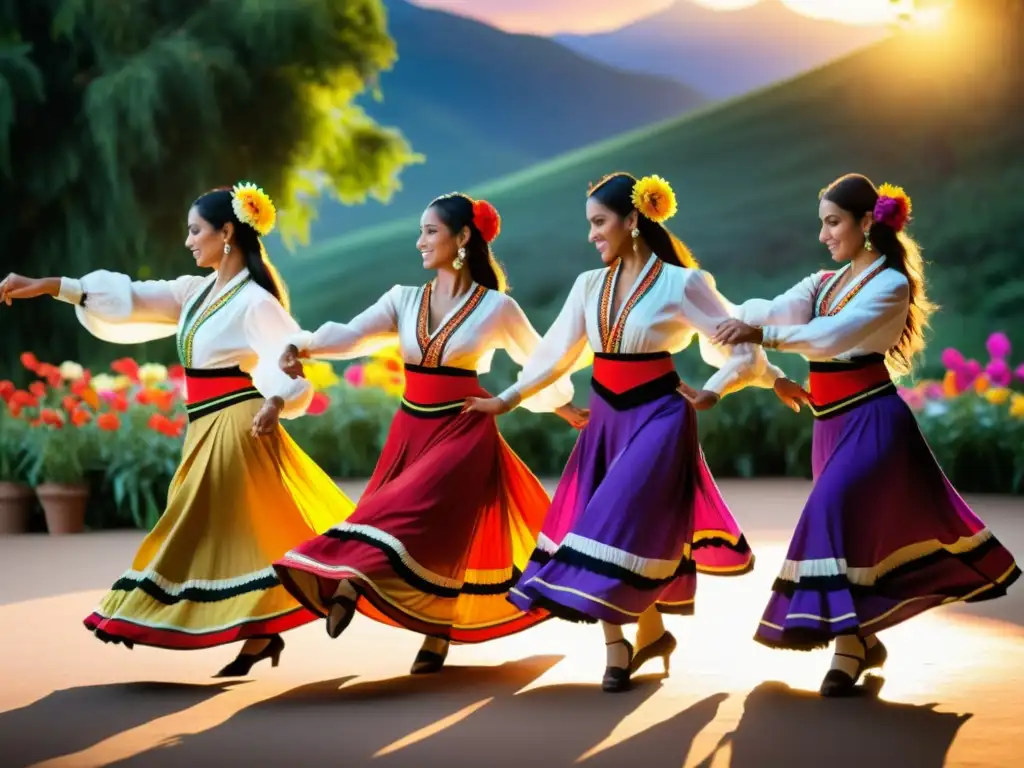 Grupo de bailarines argentinos en coloridos trajes tradicionales realizando la elegante danza Zamba, rodeados de flores vibrantes al atardecer, capturando la esencia y significado cultural de la Zamba argentina