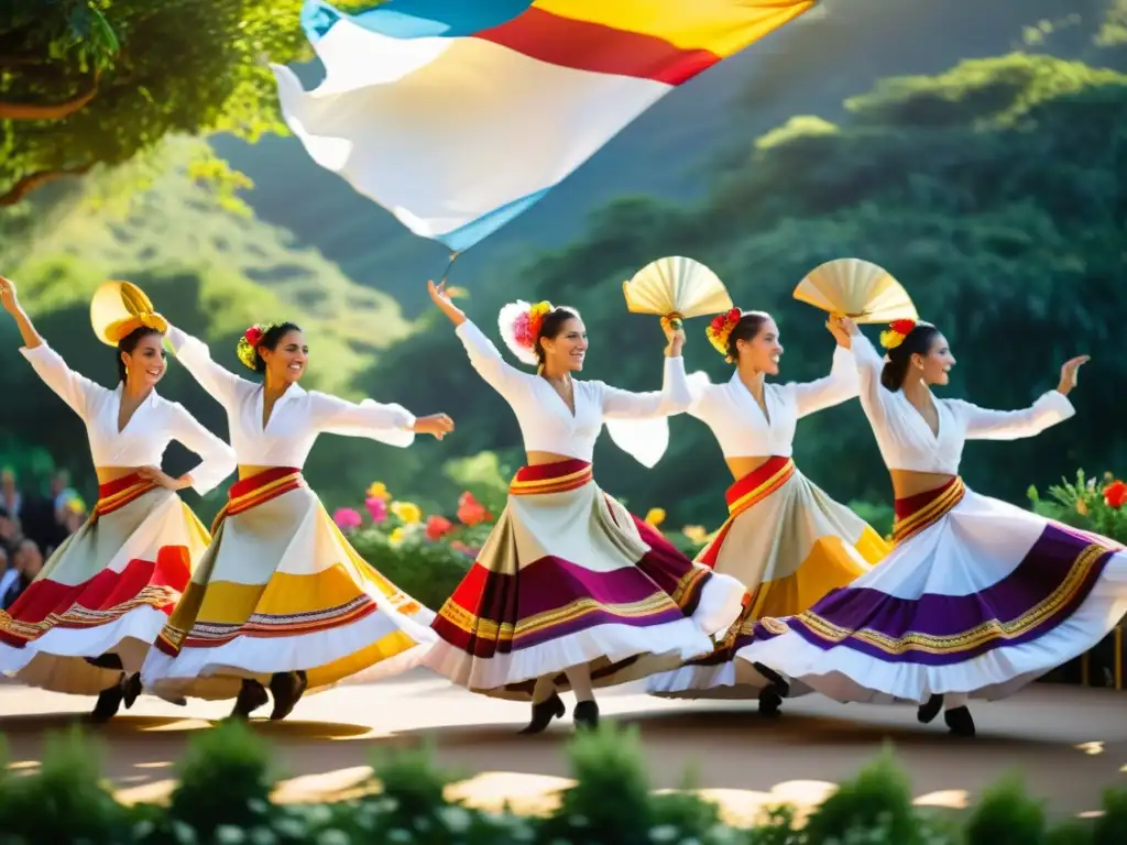 Grupo de bailarines argentinos en trajes tradicionales, danzando la Zamba con gracia y colorido, en medio de la naturaleza exuberante