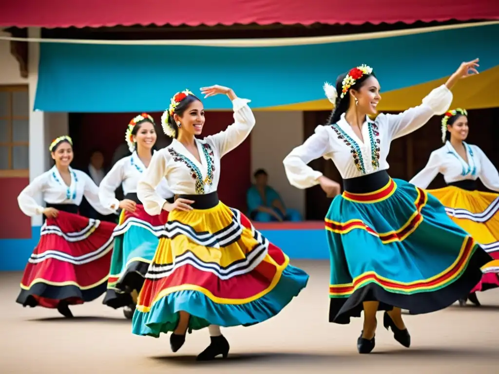 Grupo de bailarines argentinos ejecutando la Zamba en un ambiente vibrante y colorido, con movimientos expresivos y trajes tradicionales