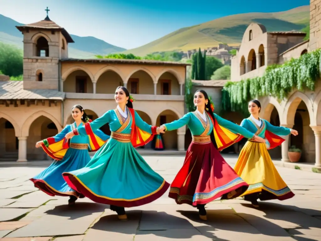 Un grupo de bailarines armenios ejecutando una danza tradicional al ritmo del duduk, con trajes coloridos