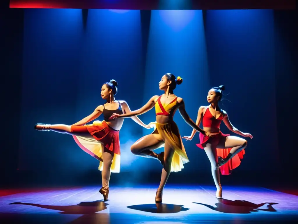 Grupo de bailarines asiáticos contemporáneos realizando una rutina cautivadora en un escenario iluminado de forma atmosférica, con trajes vibrantes que acentúan sus movimientos