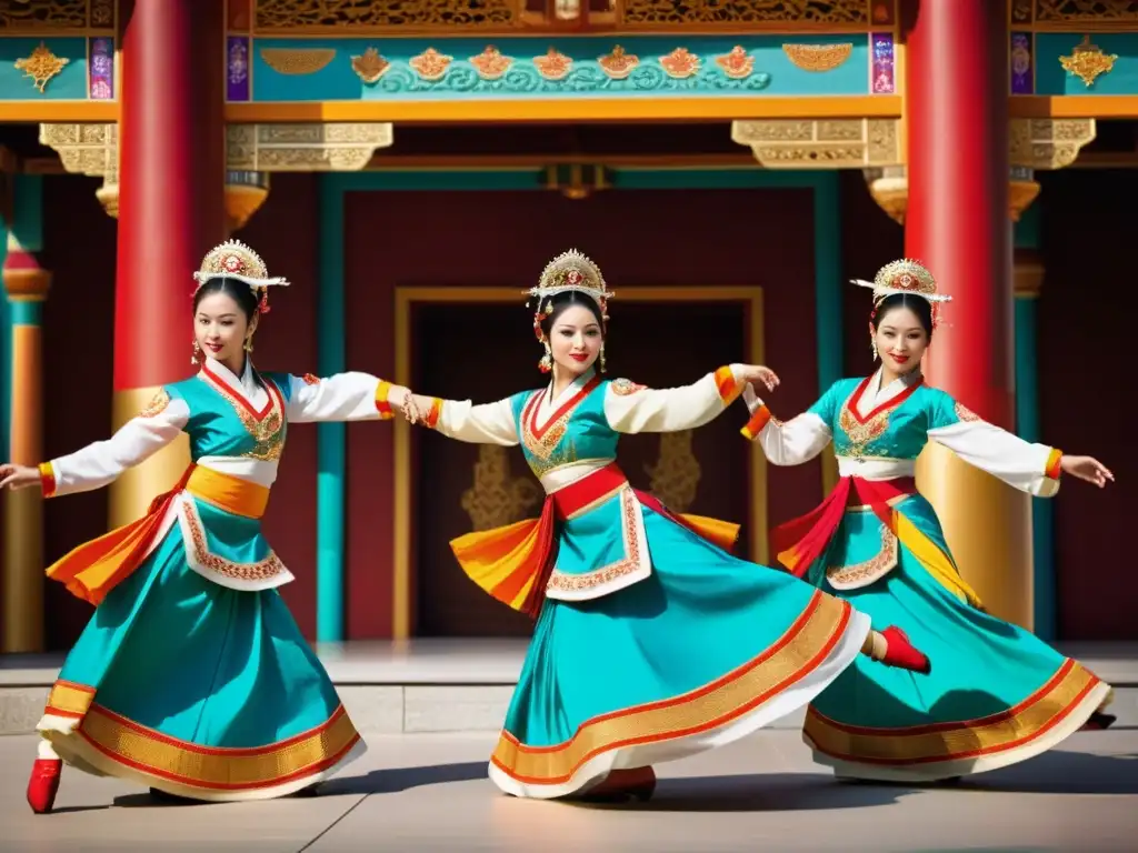 Un grupo de bailarines asiáticos tradicionales, con trajes ornamentados y coloridos, realizando movimientos de danza precisos y expresivos