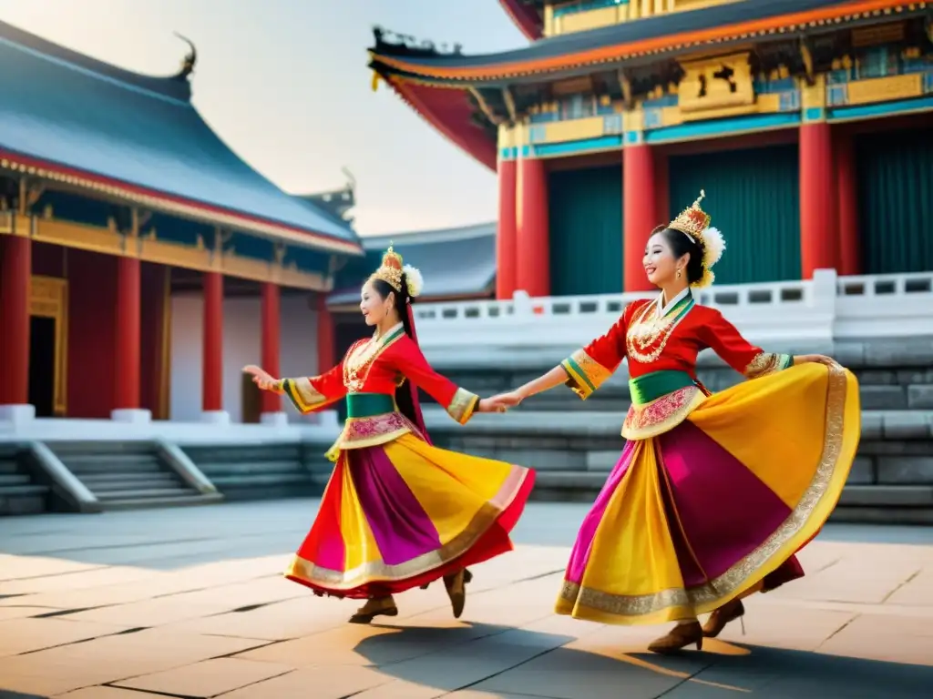 Grupo de bailarines asiáticos en trajes vibrantes, danza tradicional frente a un templo histórico