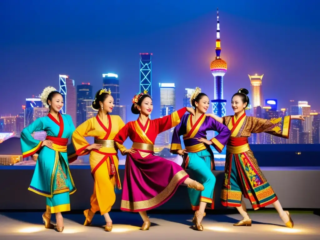 Grupo de bailarines asiáticos en trajes tradicionales danzando con la ciudad de fondo, simbolizando la enseñanza de danzas asiáticas en Occidente