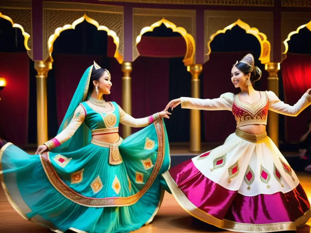 Un grupo de bailarines asiáticos con trajes de influencia árabe, moviéndose en una danza hipnótica entre telas y ornamentos