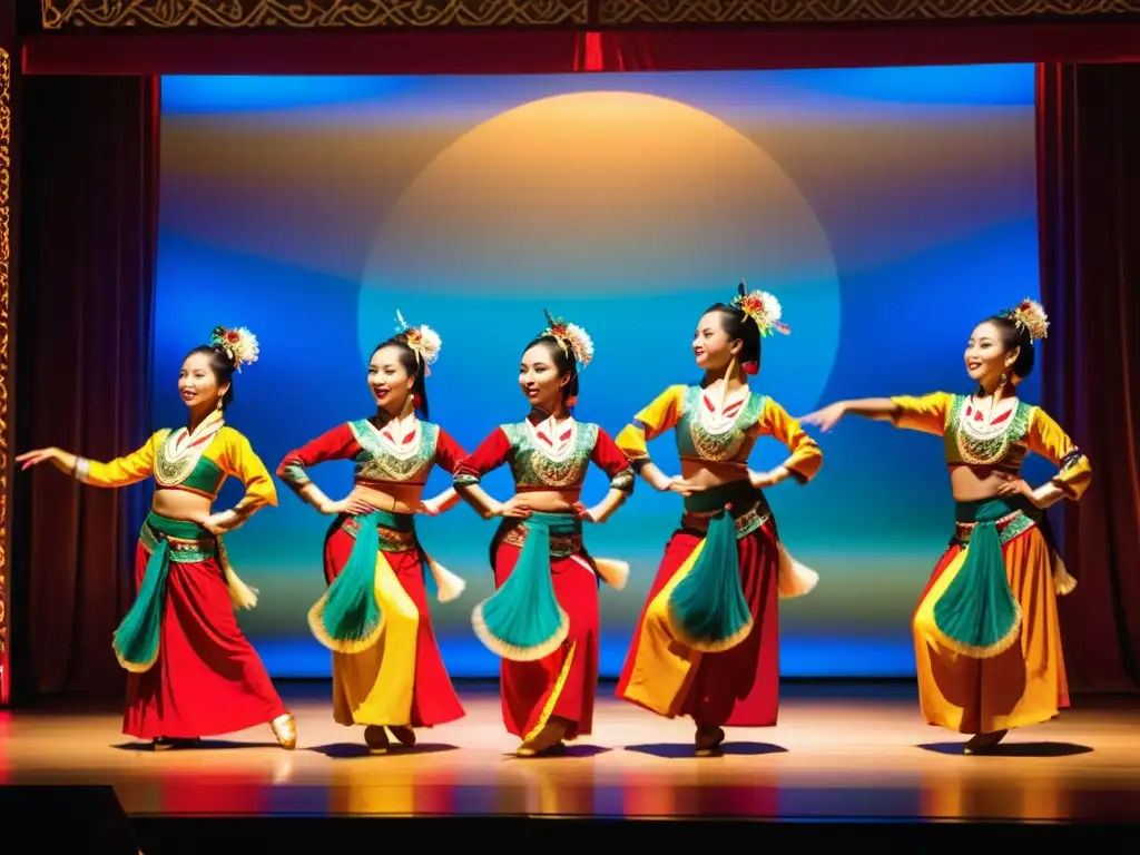 Grupo de bailarines asiáticos en vibrantes trajes tradicionales, realizando una rutina sincronizada bajo la suave luz de faroles en el escenario