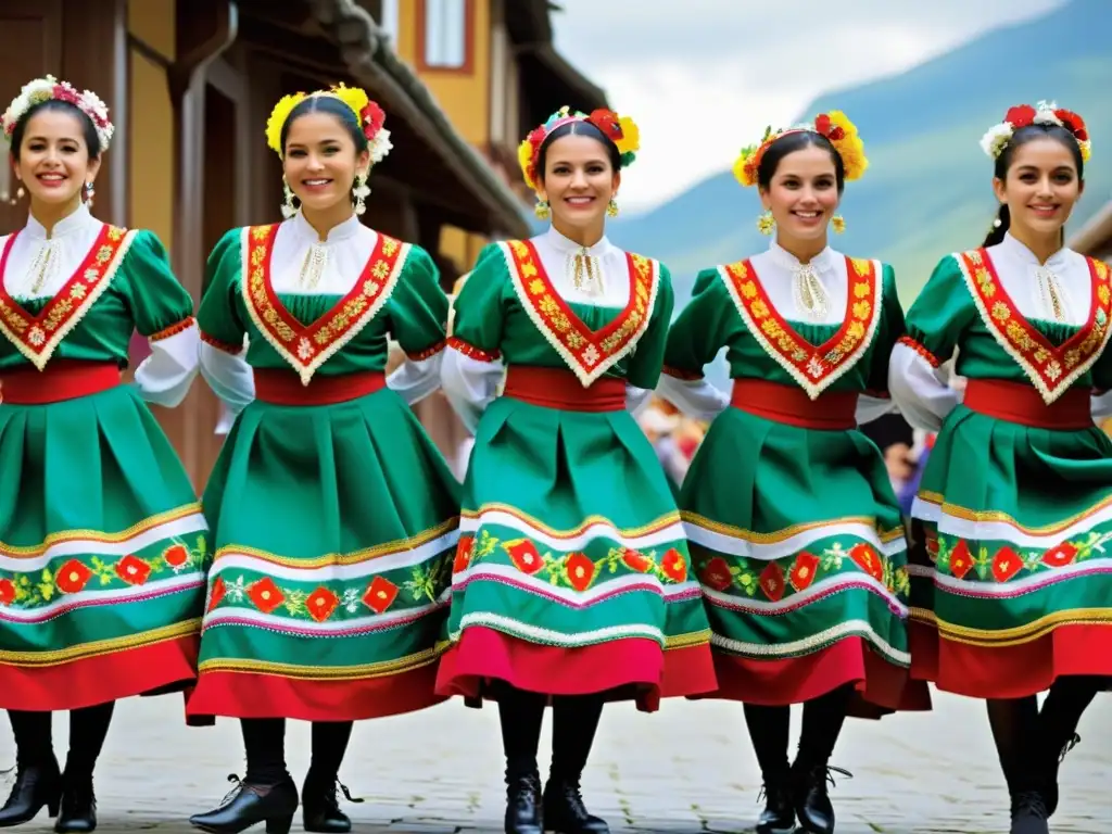 Grupo de bailarines asturianos con trajes vibrantes y bordados complejos, bailando al ritmo del redoble