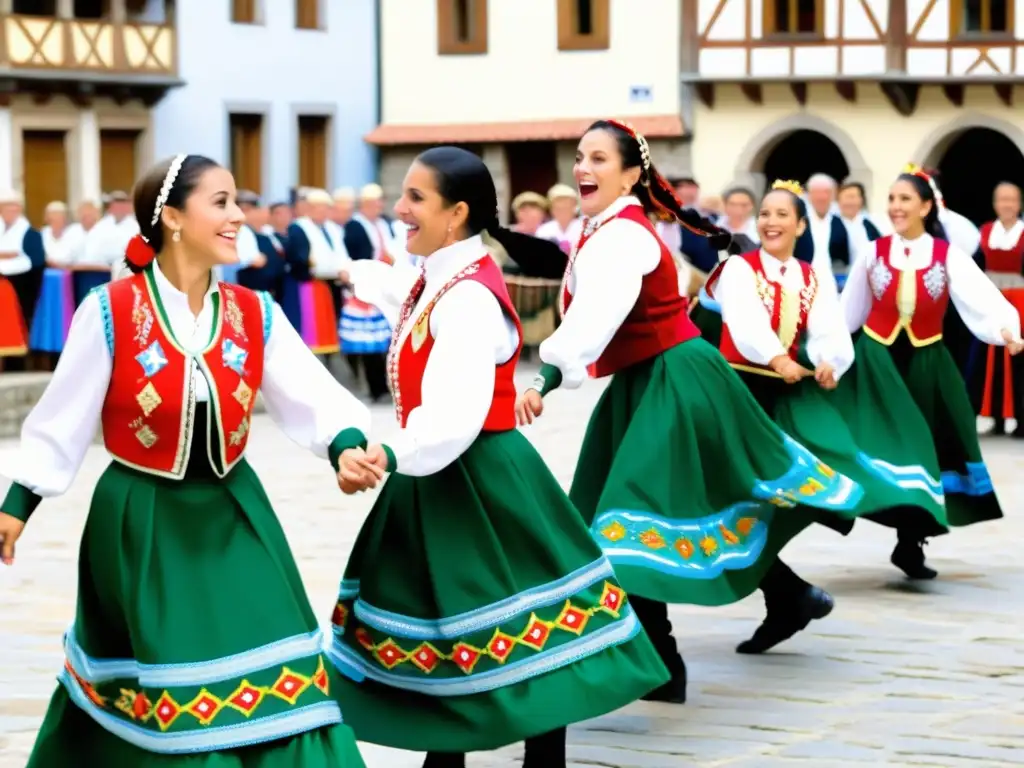 Grupo de bailarines asturianos con trajes tradicionales realizando el redoble asturiano en una plaza del pueblo