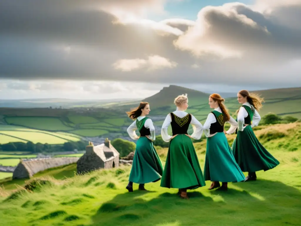 Un grupo de bailarines ataviados con trajes tradicionales celtas danzan en un paisaje verde en Irlanda