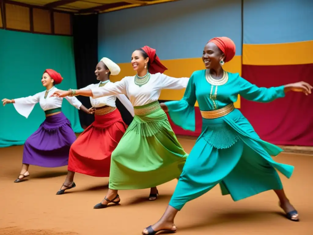 Grupo de bailarines en atuendo sudanés realizando la danza Dabke, mostrando la influencia árabe en la danza africana