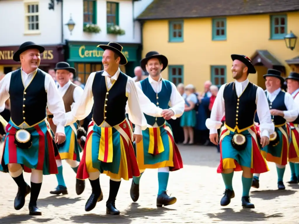 Grupo de bailarines Morris danzando en atuendo tradicional inglés, celebrando el significado cultural de la Morris Dance Inglesa