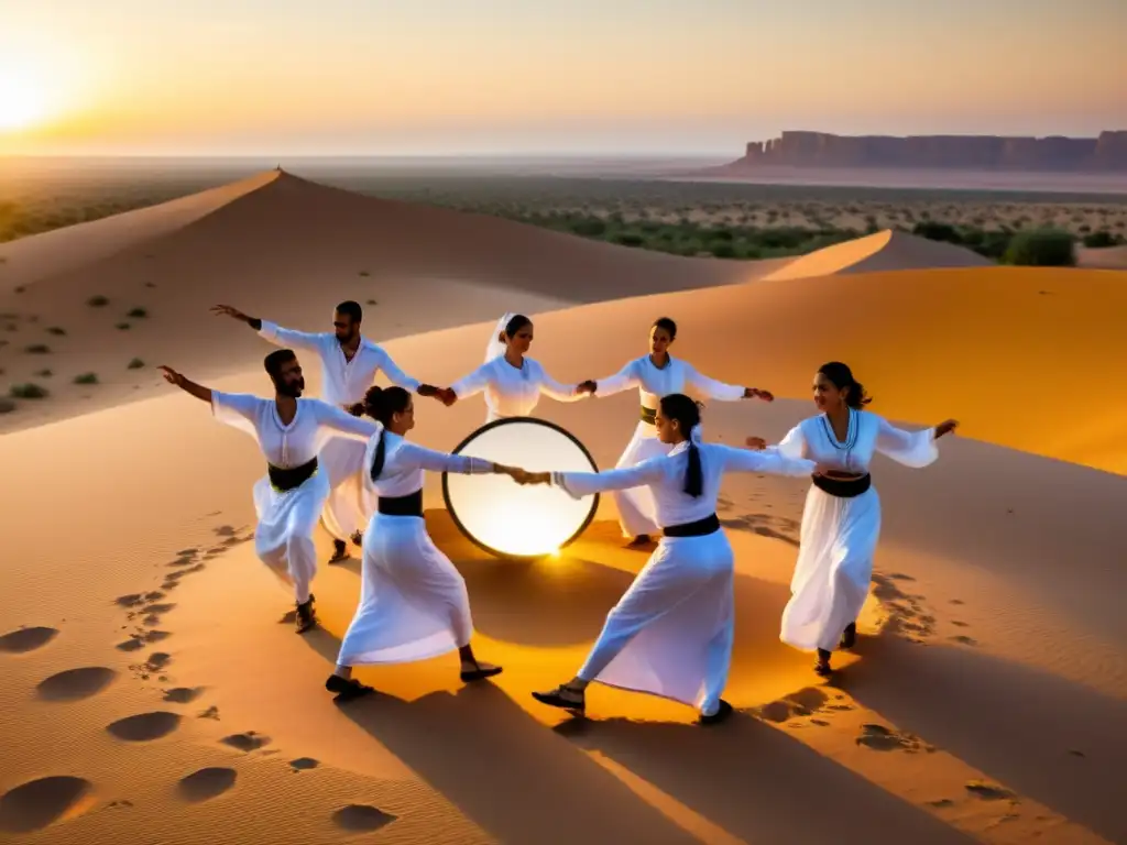 Grupo de bailarines en atuendo tradicional de África del Norte realiza la enérgica Danza Dabke bajo el sol poniente en el desierto, capturando la riqueza cultural de la región