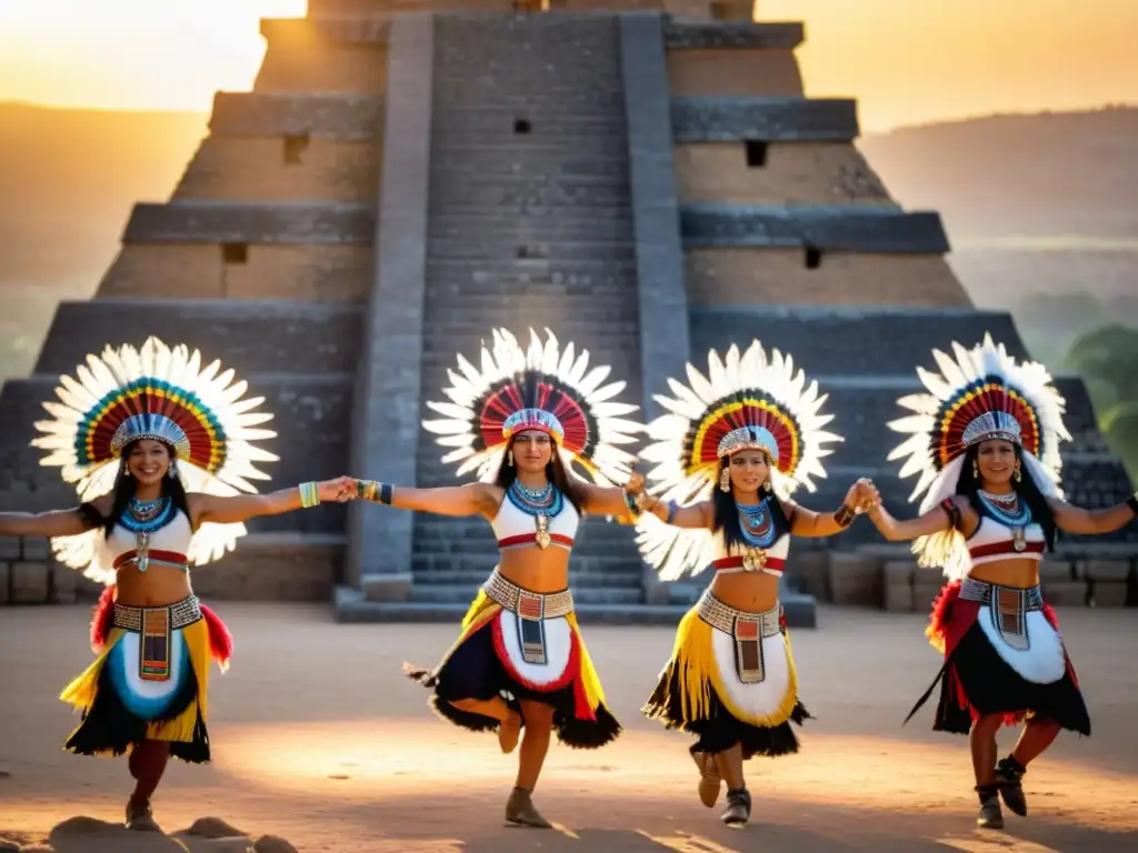 Grupo de bailarines con atuendos aztecas realizando danza ceremonial al atardecer