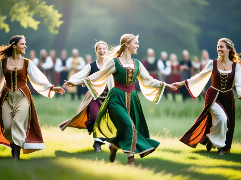 Un grupo de bailarines con atuendos medievales danzan con gracia en un prado soleado