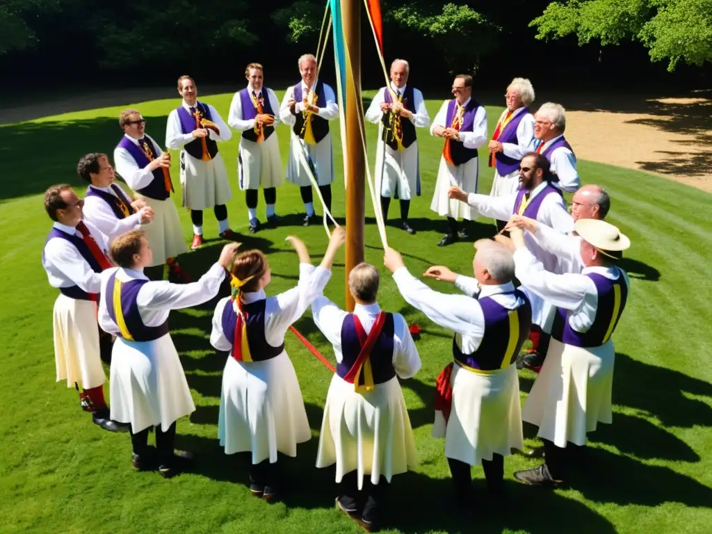 Un grupo de bailarines Morris en atuendos tradicionales, danzando alrededor de un maypole con cintas coloridas