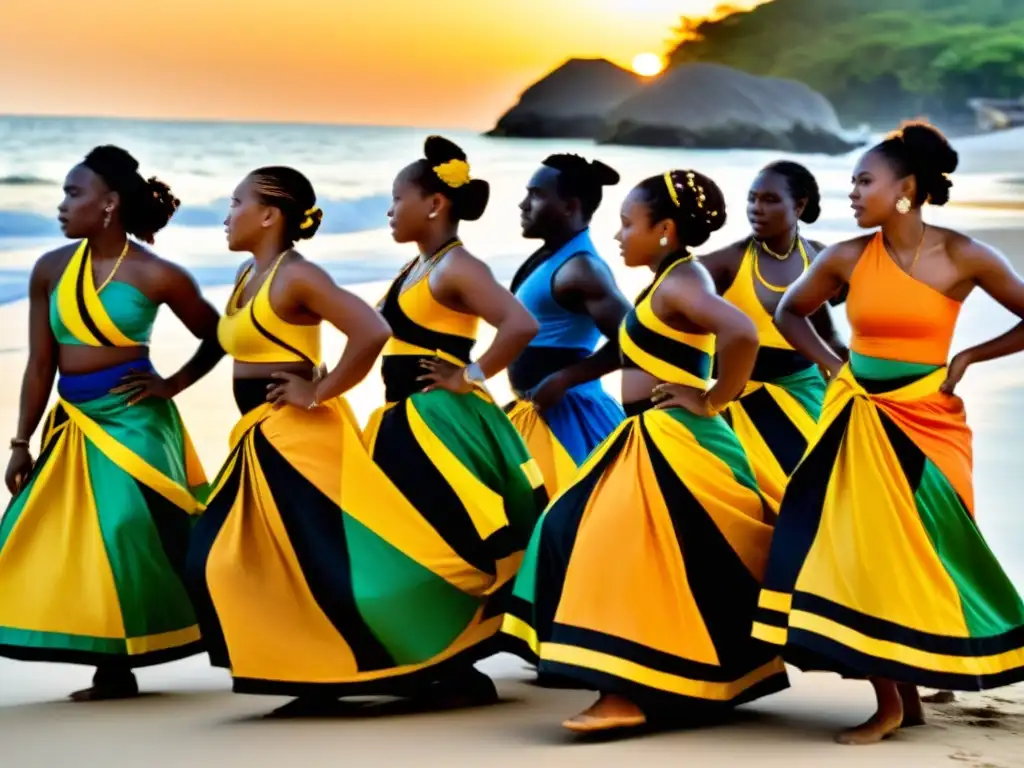 Grupo de bailarines Garifuna en atuendos tradicionales, danzando al ritmo de la música punta en una playa al atardecer