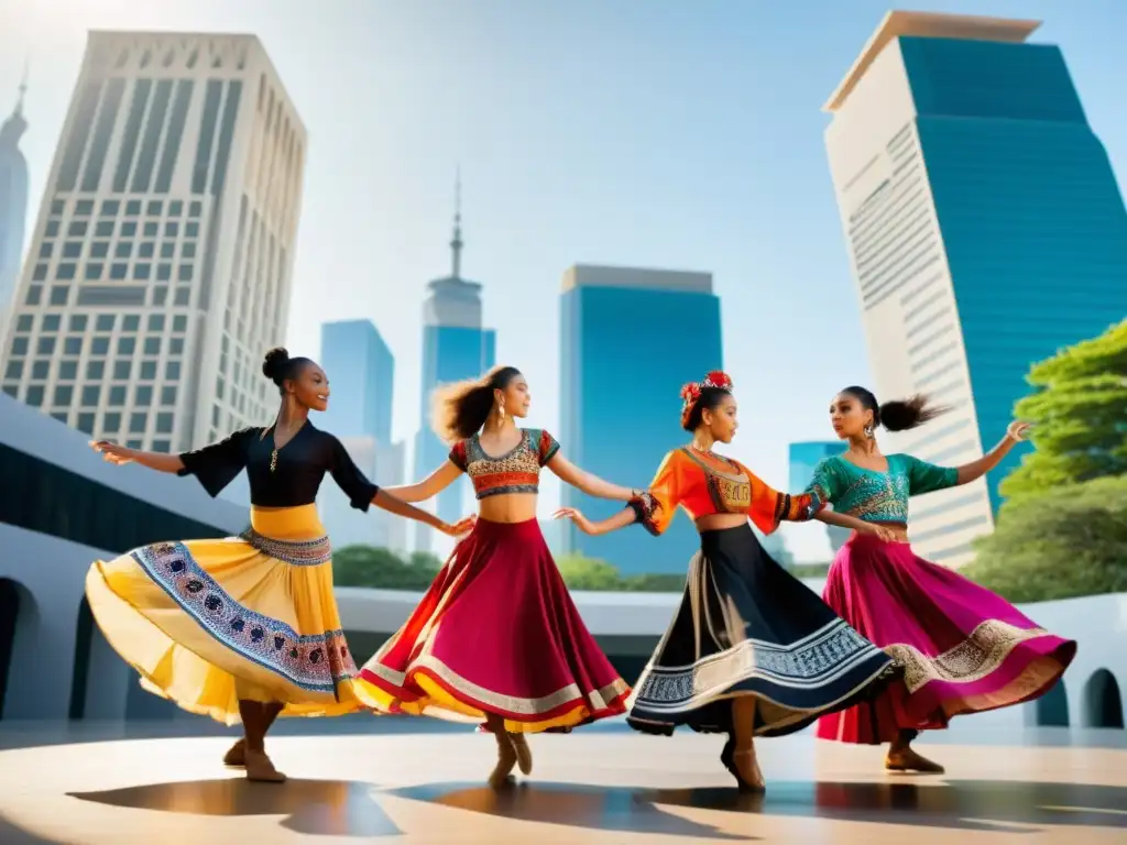 Un grupo de bailarines con atuendos tradicionales y modernos danzan en círculo, mostrando la integración de danzas tradicionales modernas