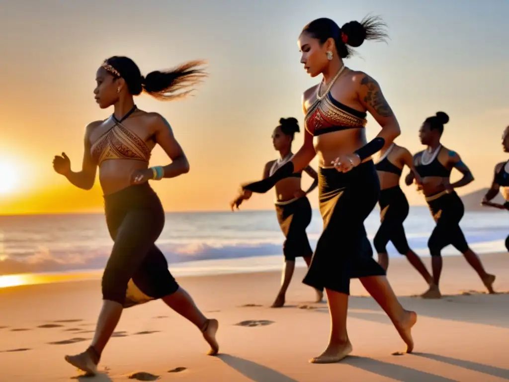 Un grupo de bailarines en atuendos tradicionales de Oceanía, moviéndose con gracia en la playa al atardecer