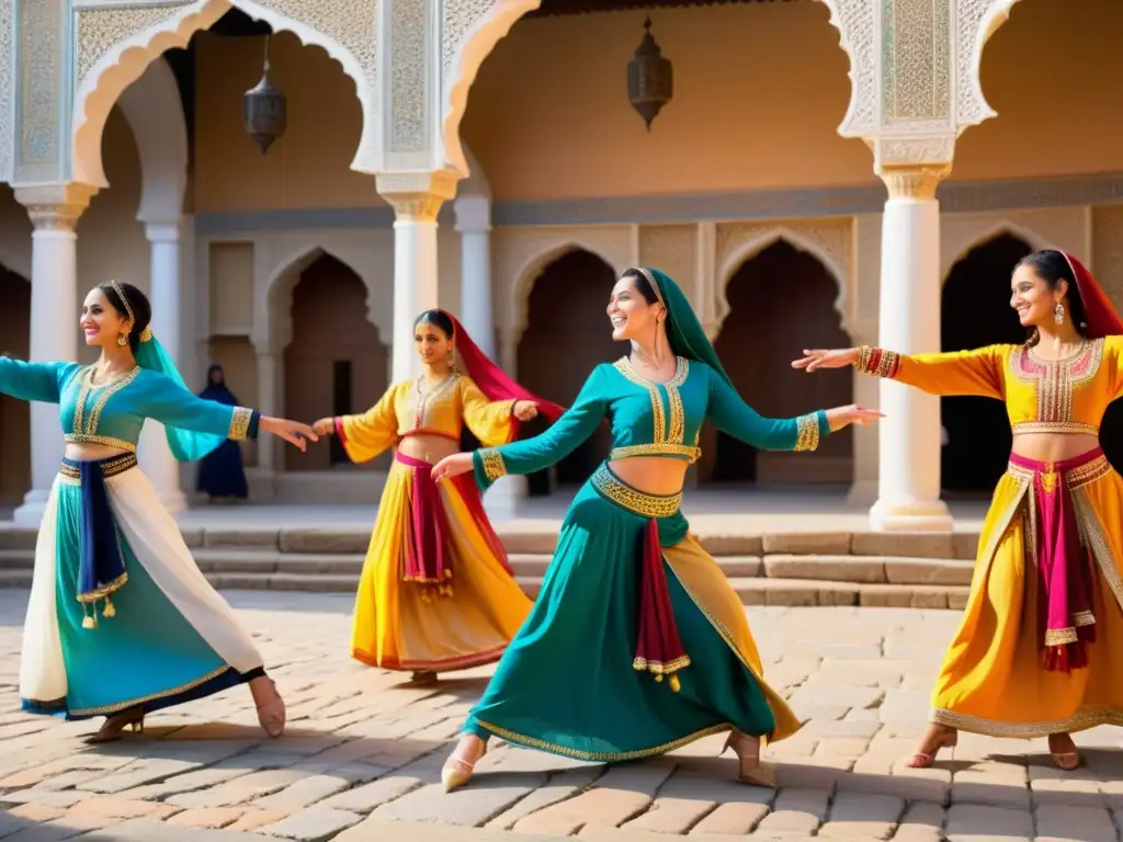 Grupo de bailarines con atuendos tradicionales árabes, danzando en plaza europea al atardecer