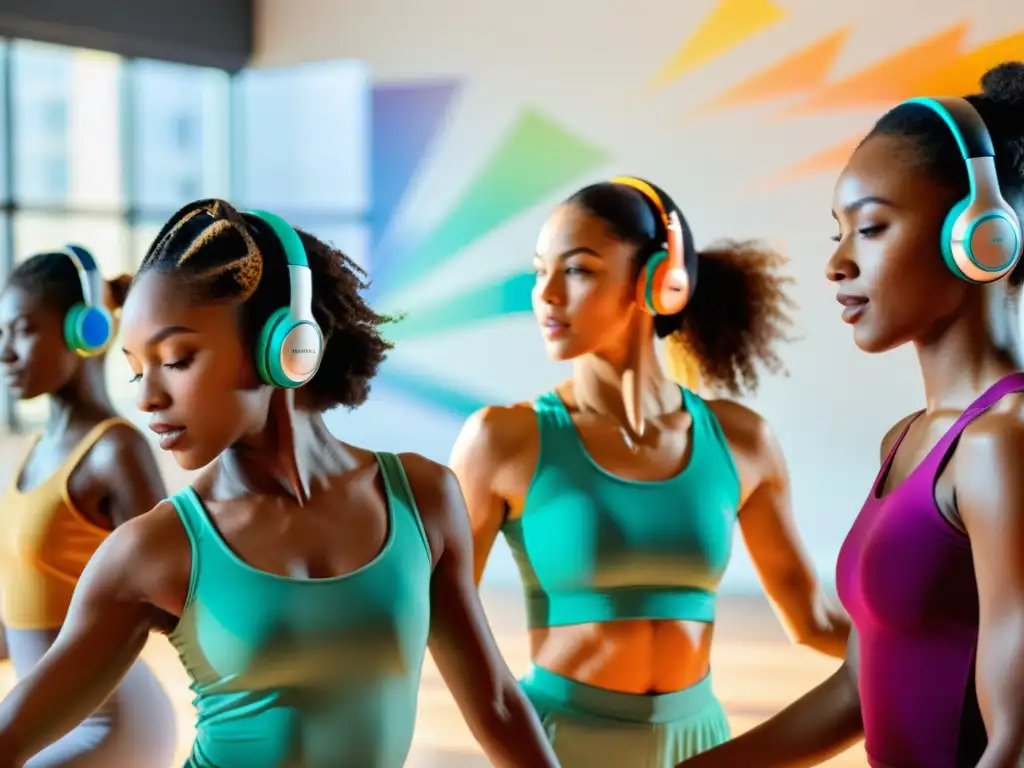 Un grupo de bailarines usando auriculares inalámbricos y ropa de baile colorida, moviéndose con gracia en un estudio espacioso y soleado