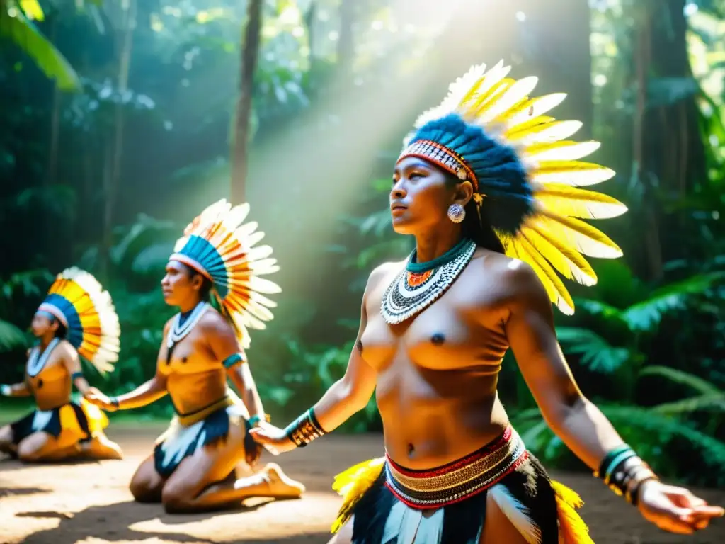 Grupo de bailarines autóctonos danzando en la selva, con trajes vibrantes y plumas, en una representación cultural llena de energía