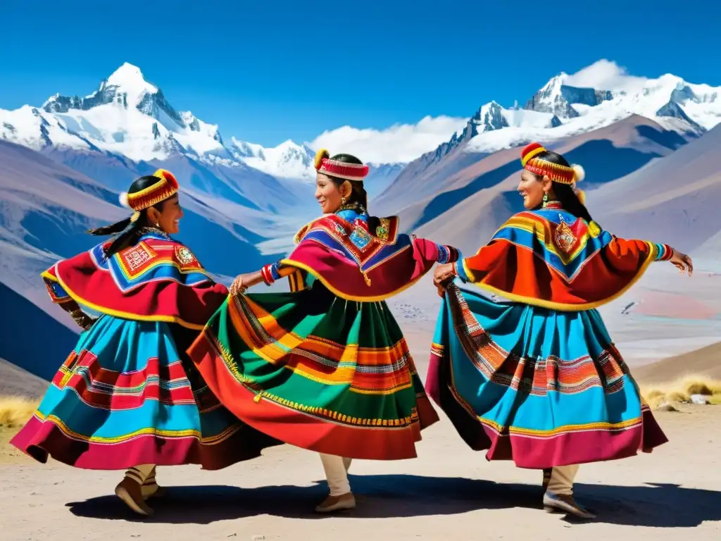 Grupo de bailarines Aymara danzando en los Andes bolivianos, mostrando la riqueza cultural y el significado de la danza Aymara en Bolivia