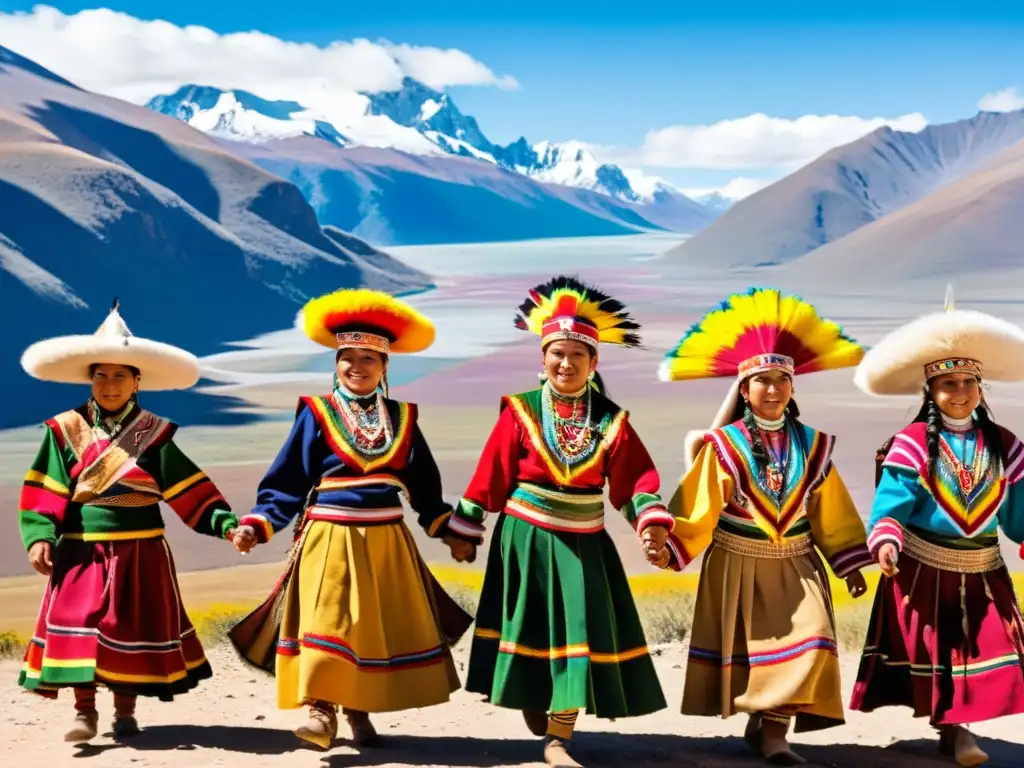 Grupo de bailarines Aymaras en Bolivia, expresando el significado cultural de la danza en los Andes