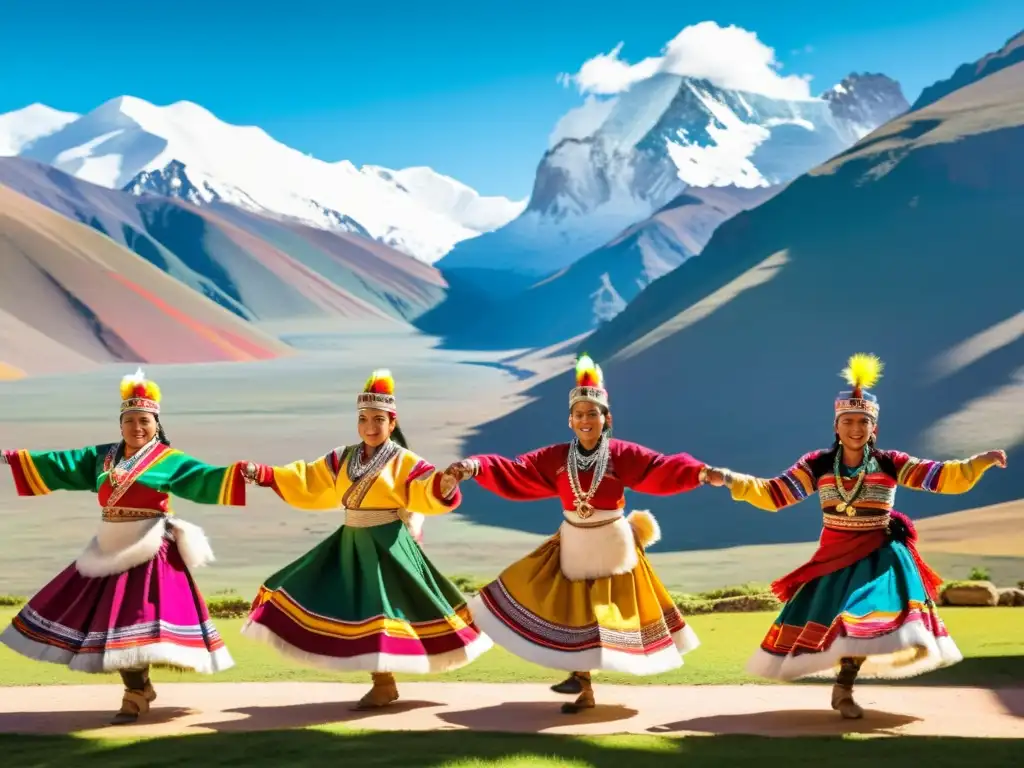 Grupo de bailarines Aymaras en vibrante escenario, transmitiendo el significado cultural de la danza en Bolivia