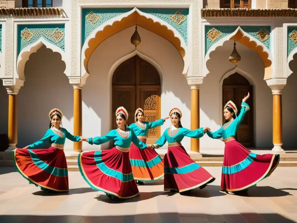 Grupo de bailarines azeríes en trajes vibrantes ejecutando técnicas de danza tradicional azerí con pasión y precisión en un patio soleado