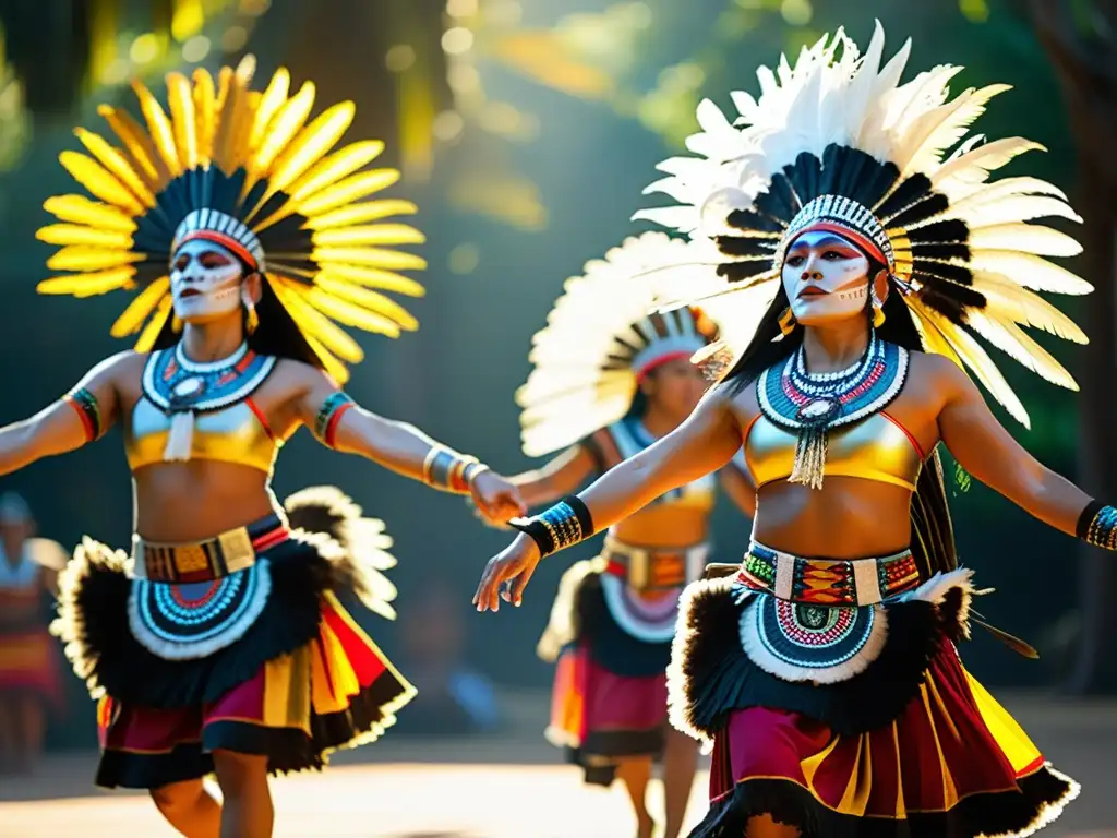 Grupo de bailarines aztecas ejecutando la Danza del Sol Azteca con gracia y precisión, envueltos en un aura cultural y espiritual