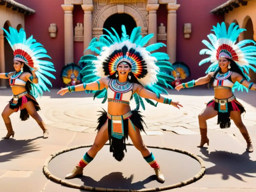 Grupo de bailarines aztecas con trajes vibrantes y plumas, realizando una danza cautivadora en un patio soleado frente a ruinas antiguas