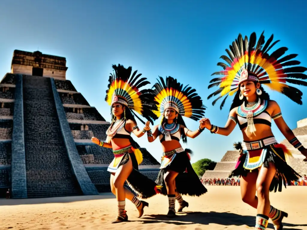 Grupo de bailarines Aztecas con trajes coloridos y tocados de plumas, danzando con significado espiritual en México