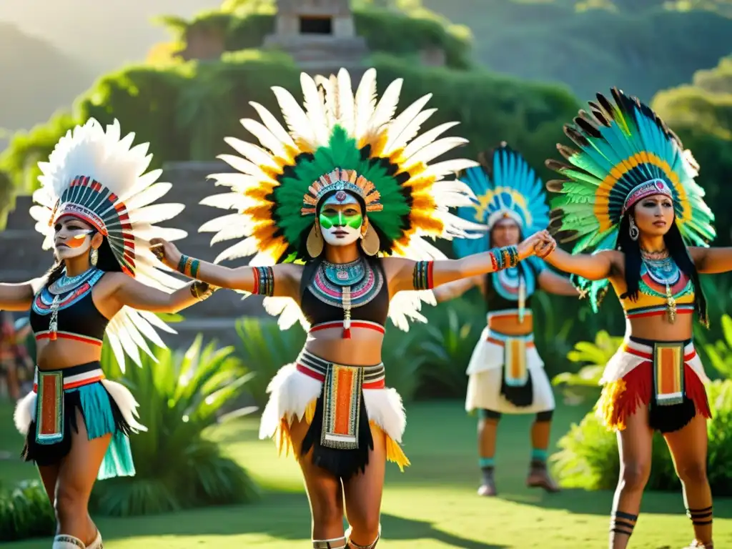 Grupo de bailarines aztecas con trajes coloridos y tocados de plumas, en un paisaje verde y cálido